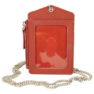 ID Lanyard Card Holder in Genuine Leather with Long Metal Chain for Men/Women